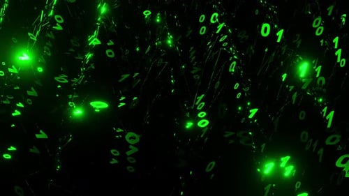 Eine binäre Matrix aus grünen Einsen und Nullen, die sich wellenförmig bewegt und blinkt. Digitales Hintergrundkonzept
