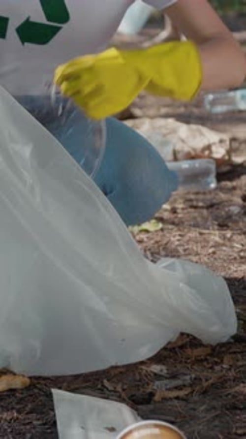 Woman Cleaning Up Trash in Forest Environment