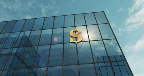 Dollar symbol money and bank glass building concept