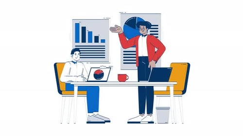 Diversos profesionales discutiendo tablas y gráficos, personajes en 2D, dibujos animados con garabatos