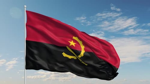 Angola Flag Waving in Realistic Fabric Motion on Sky Background