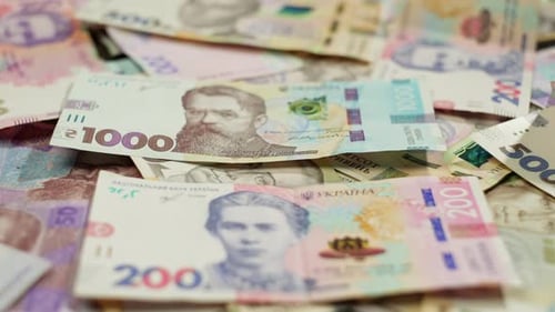 Close Up of Colorful Ukrainian Hryvnia Banknotes