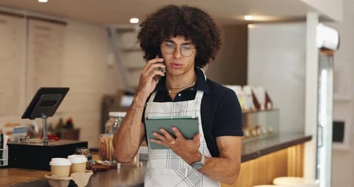Phone call, man and barista with tablet in coffee shop for online order confirmation with customer