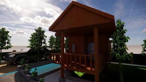 Cozy wooden beach house with pool and ocean view