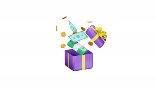 Gift box with money animation. Gold Coins and Dollar Banknotes. 3d render motion graphics