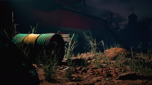 Viejo barco rojo varado en un paisaje desértico por la noche, con escombros y esqueletos dispersos.