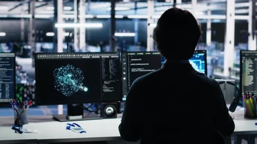 Engineer in Server Room Using AI to Review Infrastructure Diagnostics on Devices