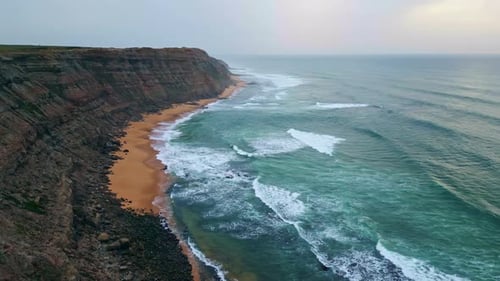 Foamy Water Breaking Overcast Beach Drone View Surf Waves Covering Island Shore