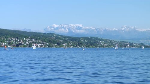 Sailboats on Lake Zurich with the Swiss Alps Mountains in Background