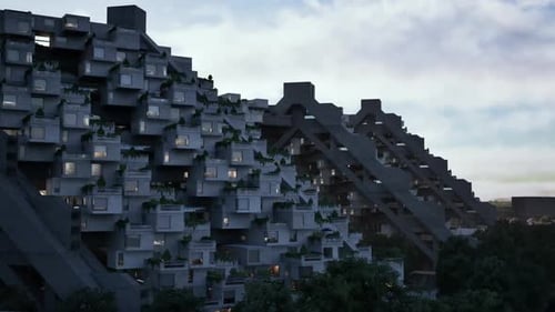 Estructuras arquitectónicas modernas en un paisaje urbano durante las horas crepusculares