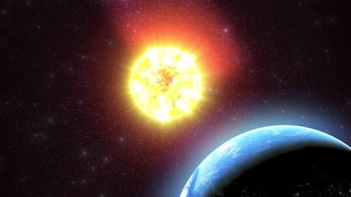 A powerful sun shines brightly over Earth in space.