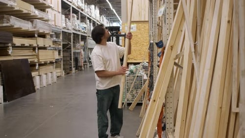 Buyer Pulls Pine Slats Off Rack in Supply Store Lumber Section Hands Grip Ends Amid Various Wood