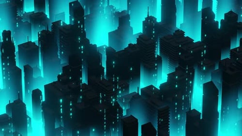 Digital City with Binary Code and Neon Lights