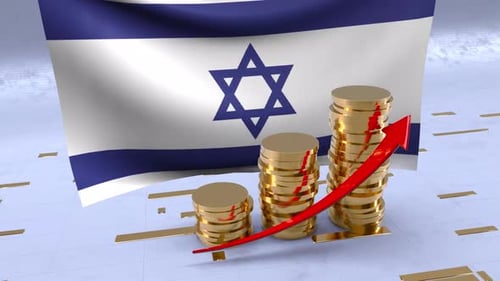 Israel Flag With Gold Coins Tower And Up Arrow
