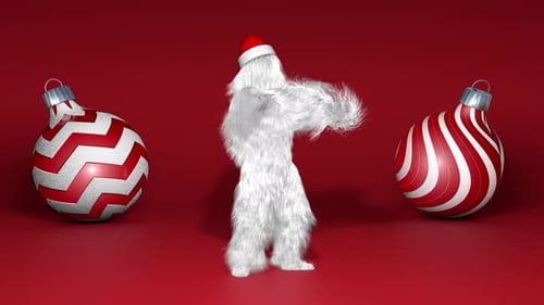 Furry Creature Wearing Santa Hat Dancing with Christmas Ornaments