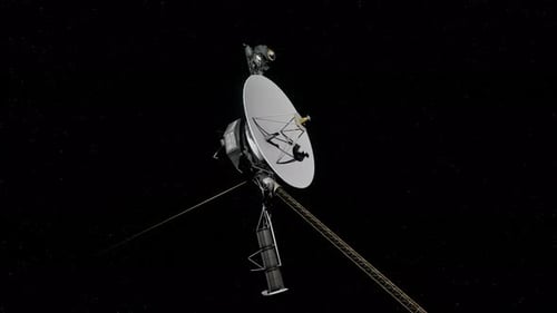 3D Animation of the Voyager space probe as camera slowly moves in