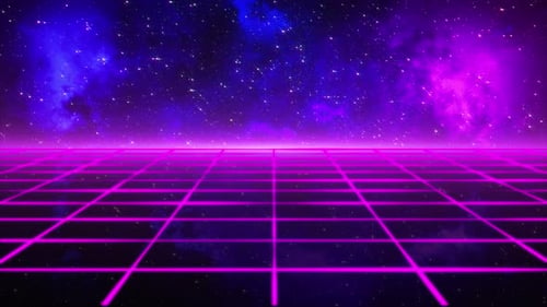 Animation de fond cosmique en grille rétro. Grille animée au néon de style années 80 avec fond d'univers.