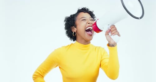 Mockup space, megaphone and woman screaming, announcement and broadcast news on a white studio
