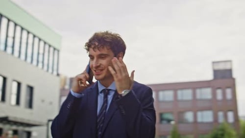 Joyful Manager Talking Mobile Phone Walking Business Street Closeup Ceo Man