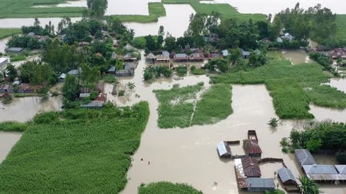 Aerial view of flooded homes in Bogura, Bangladesh.