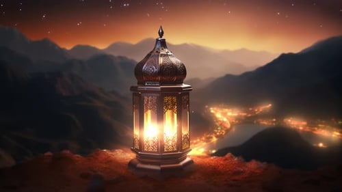 Lanterne du Ramadan avec inscriptions islamiques sur les collines des montagnes
