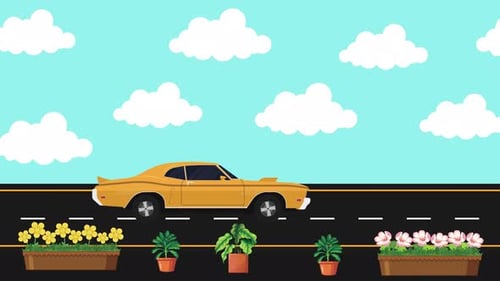 Flat Design Car Driving Seamlessly on a Road Loop