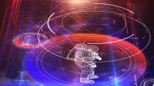 Futuristic HUD Interface with Wireframe Astronaut and Scientific Data Display