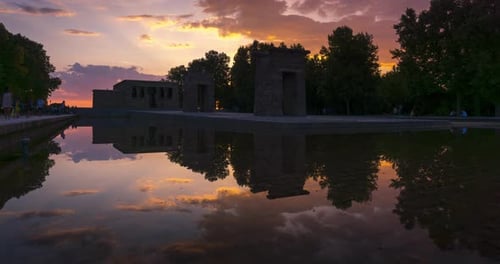 Timelapse of sunset at the ancient Egyptian temple ofDebod located it Madrid, Spain.