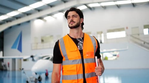 Ingeniero aeronáutico confiado caminando en un hangar de aviones