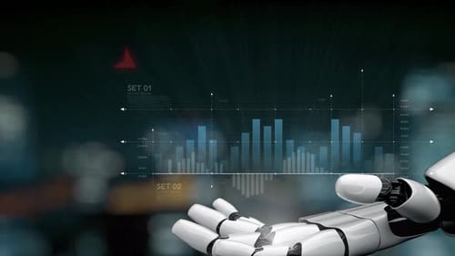Mano robótica futurista que presenta un gráfico decreciente con visualización de datos, destacando la analítica