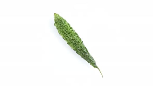 une seule gourde amère, melon amer, légume, pivotant à 360 degrés sur fond blanc, vue latérale