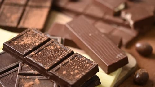 Assortment of white, milk and dark chocolate pieces background