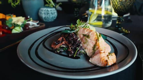 Salmon Dish with Rice and Sauce Close-Up