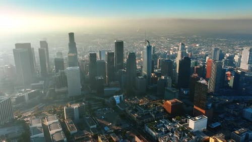 Bright morning sun dazzling the panorama of Los Angeles, California, USA