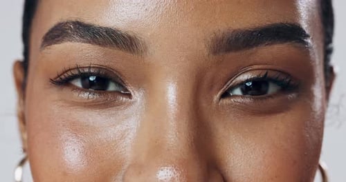 Eyebrows, face or happy woman in studio with closeup, glow or smile isolated on white background