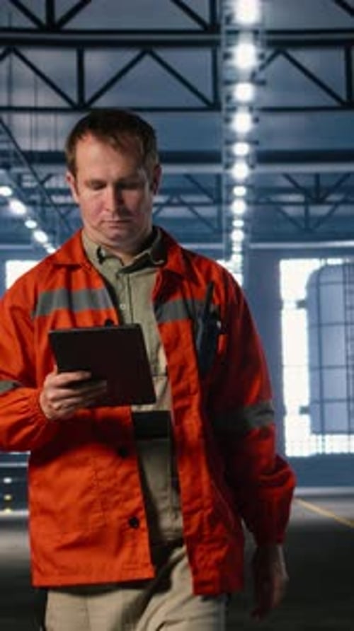 Vertical Video Industrial Supervisor Monitoring Equipment Near a Workshop Station