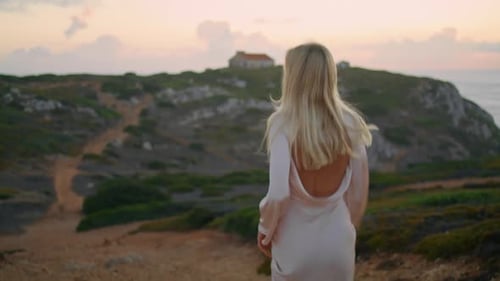 Unknown Girl Running Cliff Pathway Closeup