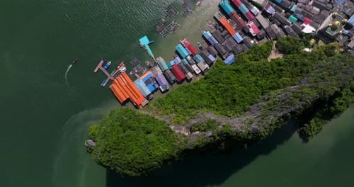 Colorful Roofs Of Koh Panyee Vibrant Floating Village In Phang Nga Bay, Thailand. Aerial Topdown