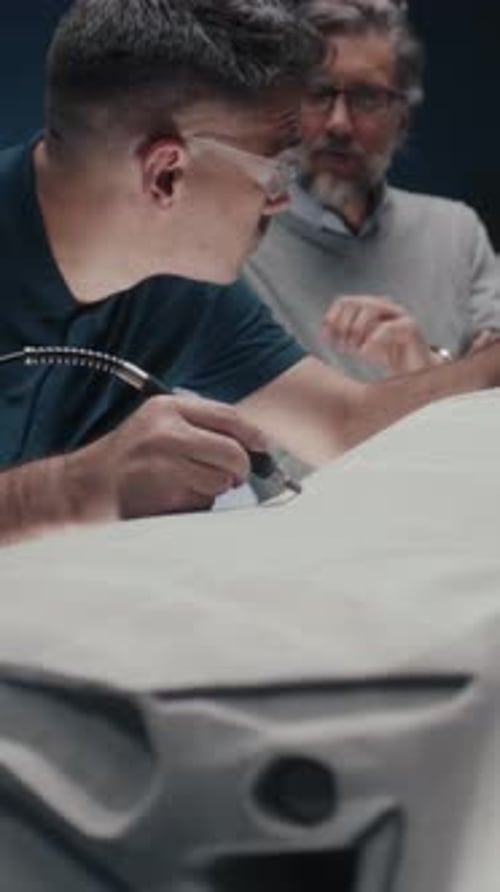 Automotive Engineer Works on Sculpture of a Car While Discussing with Colleague