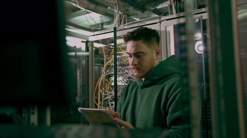 Hacker oder Techniker im Rechenzentrum, die ein Tablet in der Hand halten, stiehlt Software oder überprüft Informationen vom Server