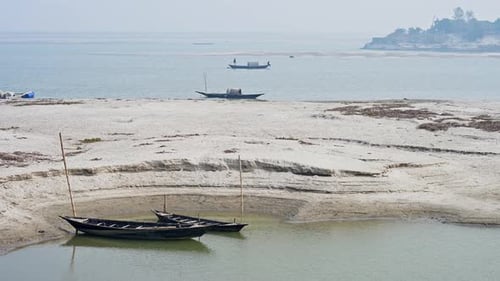 Faridpur Bangladesh Stationary Wooden Boats Traditional Vessel Navigating Open Padma River Water