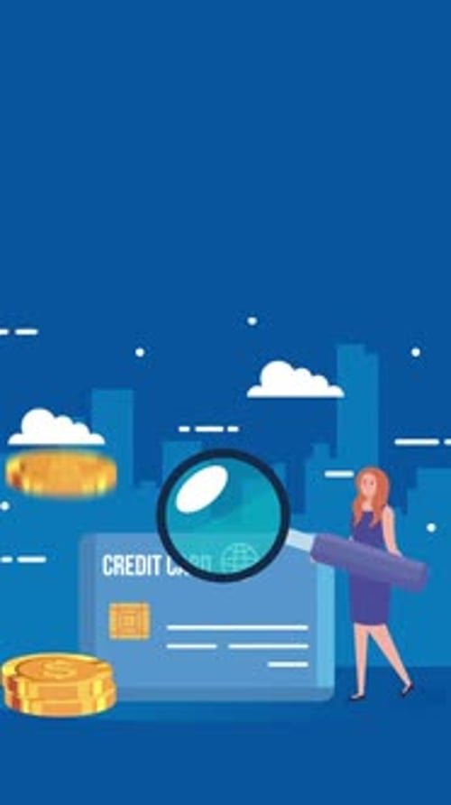 Businesswoman With Magnifying Glass And Coins Vertical Animation