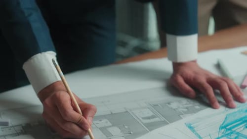 Indian Business Man Designer Architect Engineer Constructor Drawing Building Plan Sketch