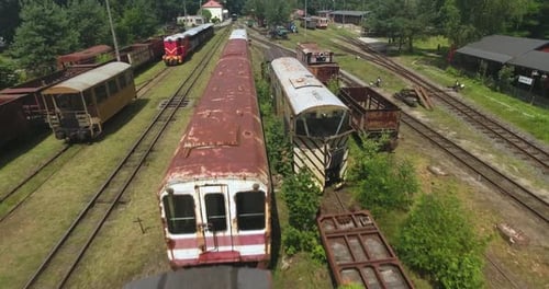 Dynamic Drone Shot of an Vintage Rusty Railway Cars