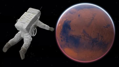 Astronaut fliegt im Weltraum um den Mars