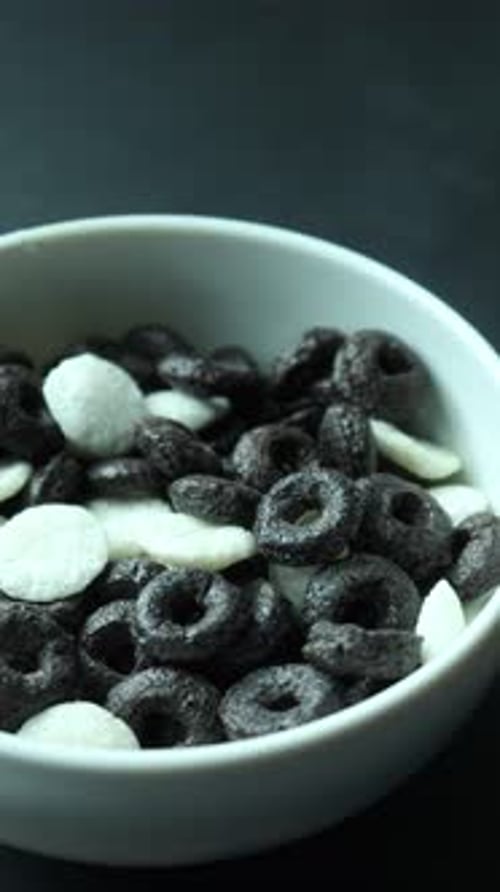 Chocolate and White Cereal in Bowl