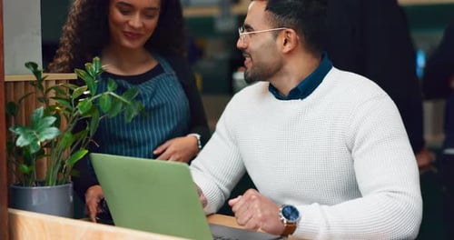 Laptop, waitress or coffee shop customer, man or freelancer typing diner feedback