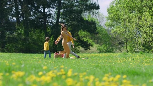 Family enjoying a playful picnic in a sunny meadow