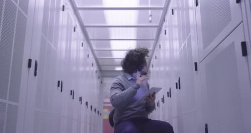 Ingénieur informatique ou spécialiste de la science des données travaillant sur une tablette dans une salle de serveurs dans un cloud moderne