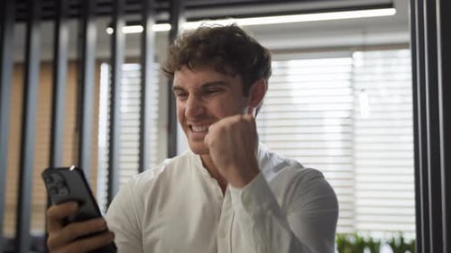 Joyful Successful Excited Moving Walking Indoors Caucasian Businessman Walk in Office Male Guy